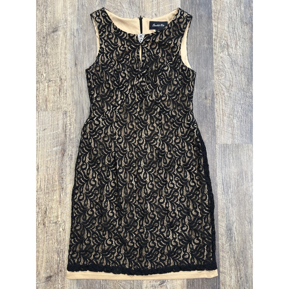 Scarlett Nite Womens Black Lace Tan Lined Sheath Dress Rhinestone Brooch Size 8